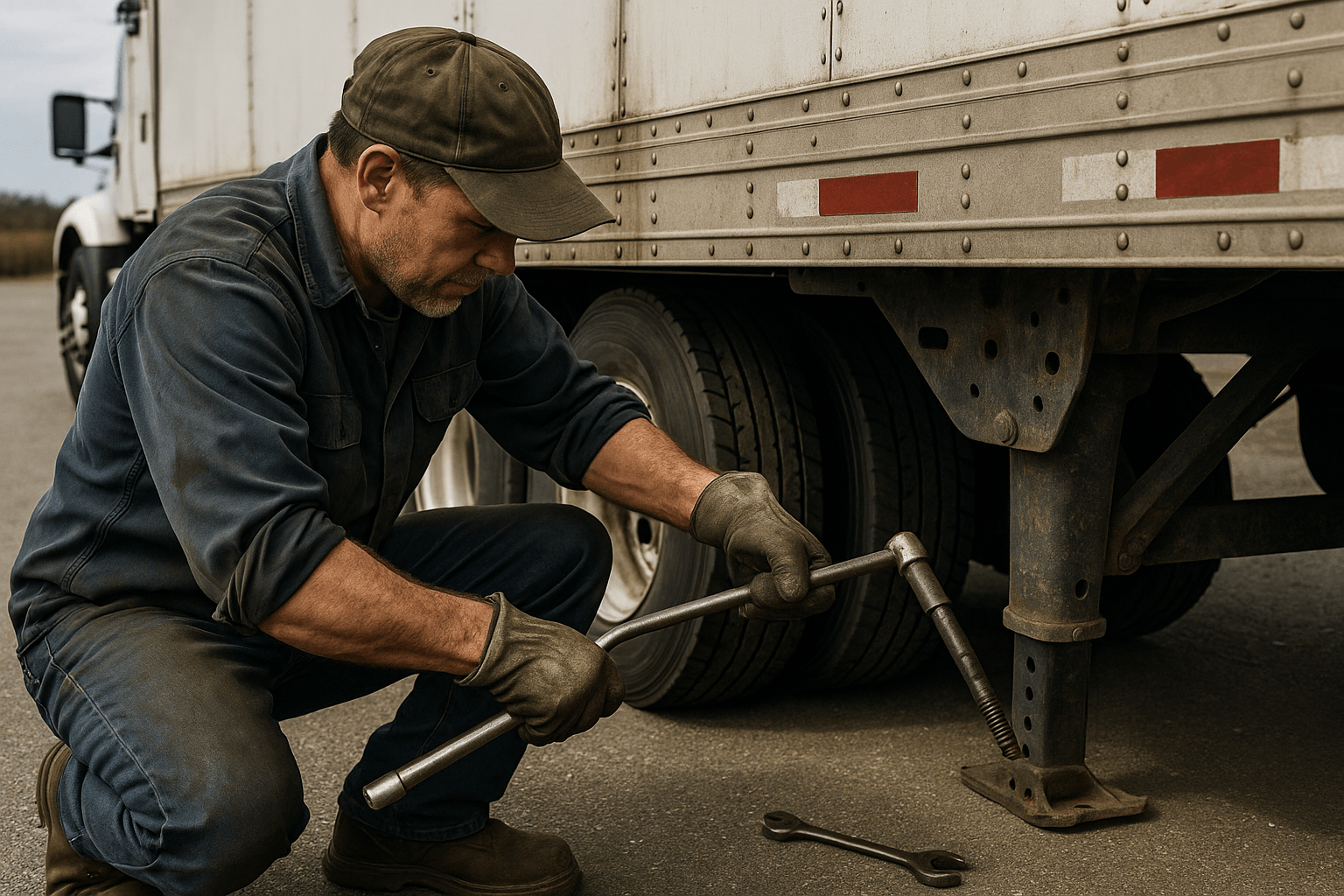 Technician working on elevated truck